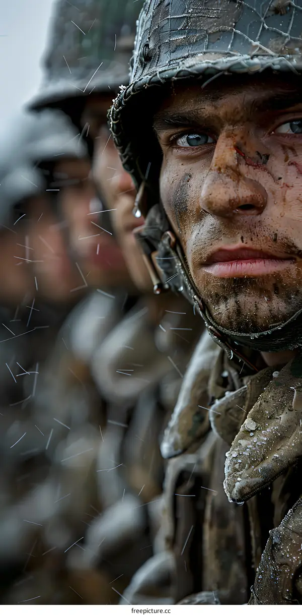 Close Up Portrait of a Dirty Soldier in a Helmet With Snow Falling