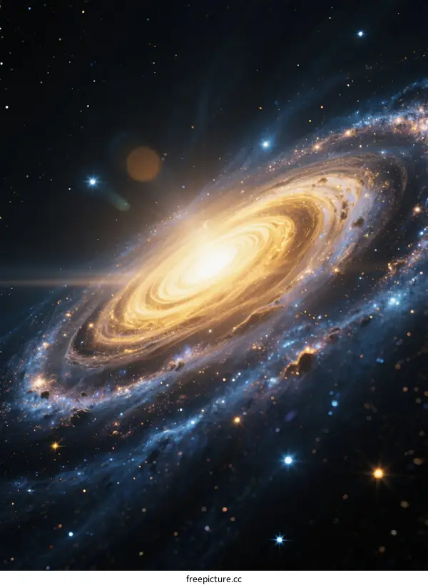 Spiral Galaxy with Bright Center and Star Clusters in Deep Space