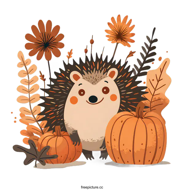[Transparent Background PNG]Cute Hedgehog with Pumpkins and Autumn Leaves Illustration
