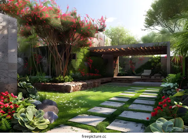 Courtyard with a garden and a pergola