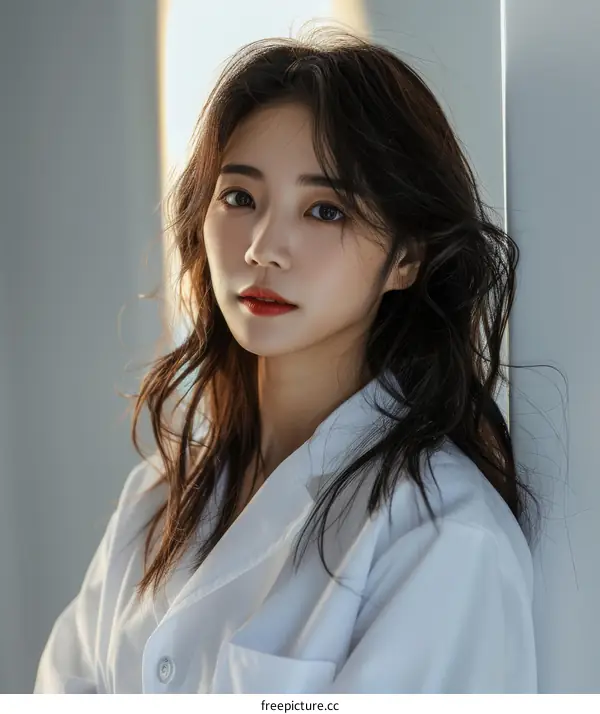 A beautiful Asian woman in a white coat is standing in front of a white background.