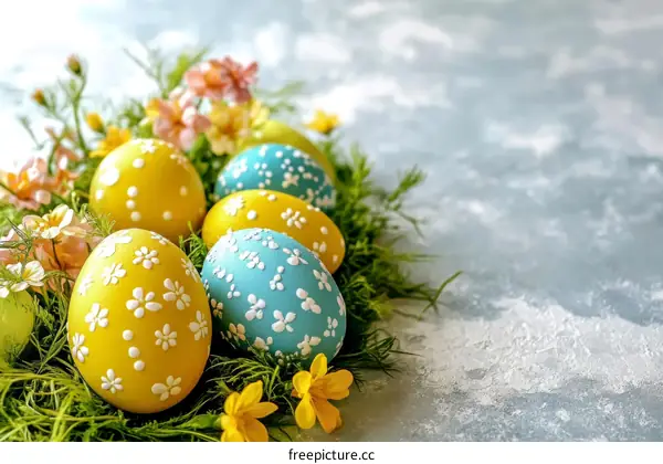 Easter Eggs Decorated with Flowers in Grass