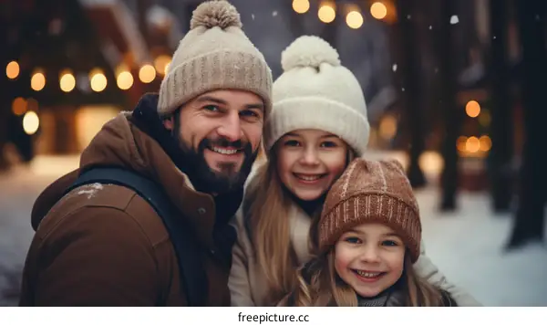Father and daughters in winter clothes