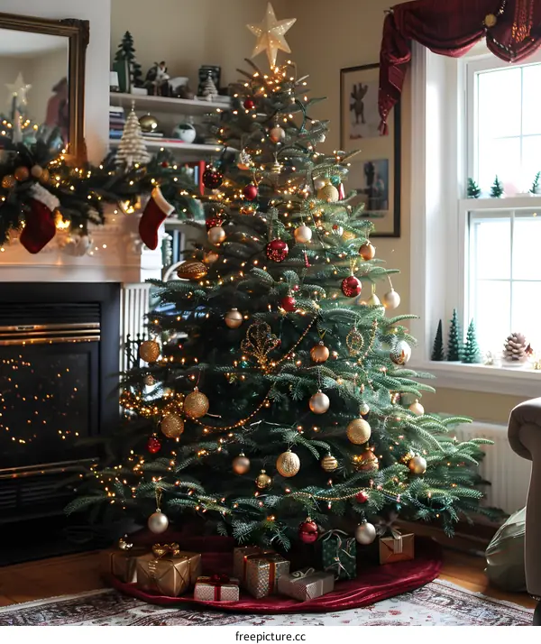 Christmas Tree Decorated with Gold and Red Ornaments