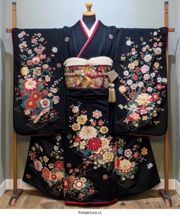 Portrait of a Geisha in Black Kimono with Floral Embroidery