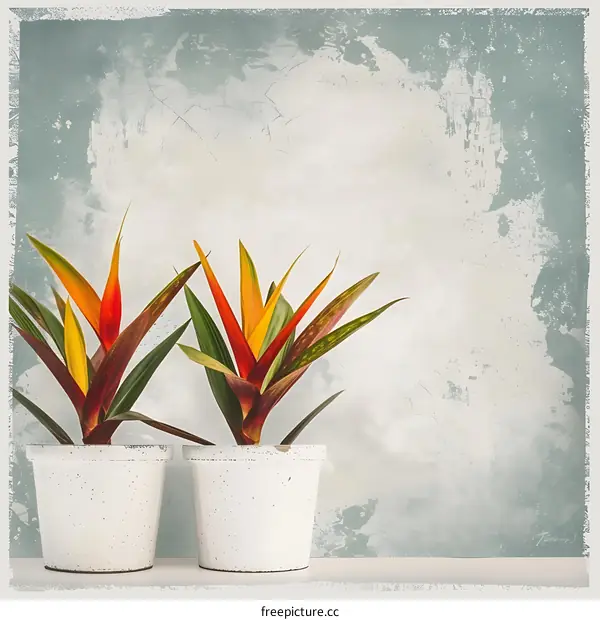 Two Red Yellow and Green Tropical Plants in White Pots Against a Grunge Textured Blue Wall