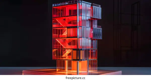 Glass Model of a Modern Building with Illuminated Interior