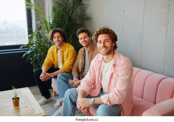 Three Caucasian Men Relaxing on a Pink Sofa