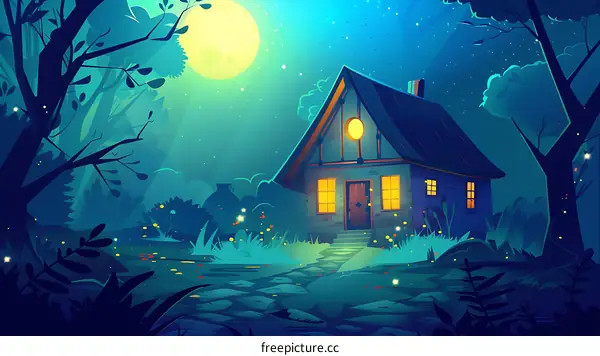 Night Forest Landscape with a Small House and Full Moon