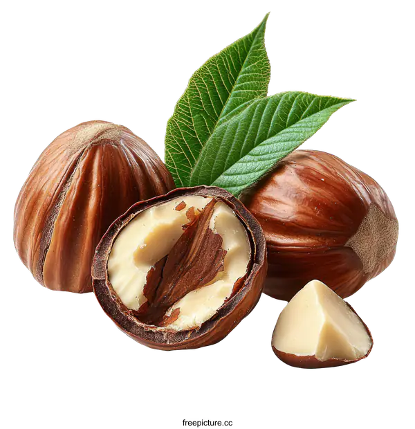 [Transparent Background PNG]Closeup Hazelnuts with Green Leaves on White Background