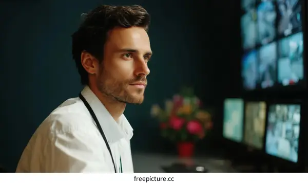 Caucasian Security Guard in Surveillance Room