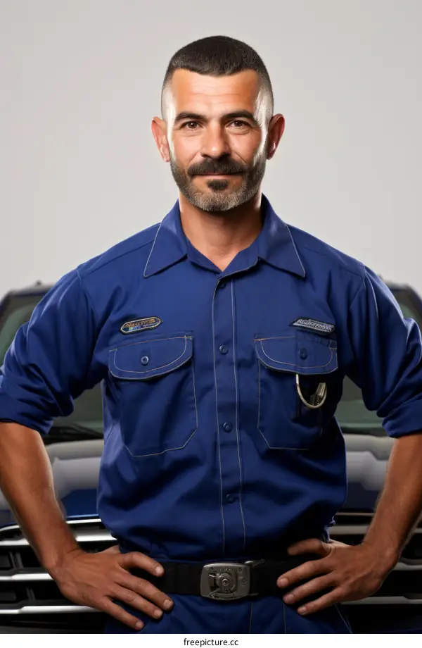 Portrait of a male mechanic in uniform standing in front of a blue truck