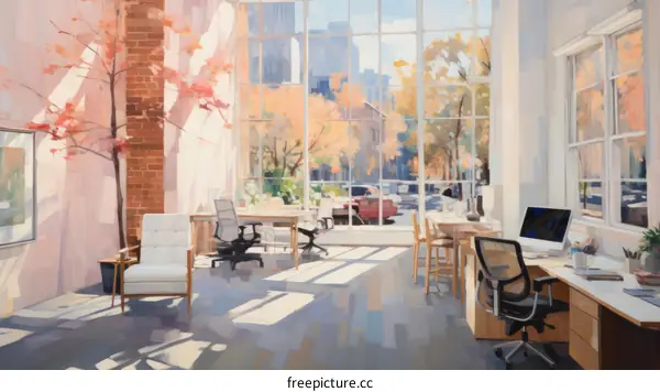 Modern Office with Large City Window and Autumn Trees