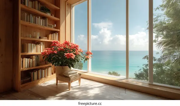 Coastal Reading Nook with Bookshelves and Ocean View