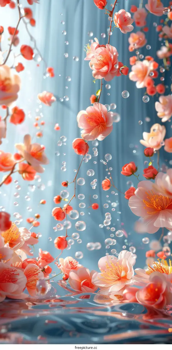 Waterfall of Peach Blossoms in a Fairy Tale Garden