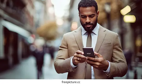 Businessman Checking Phone in City Street