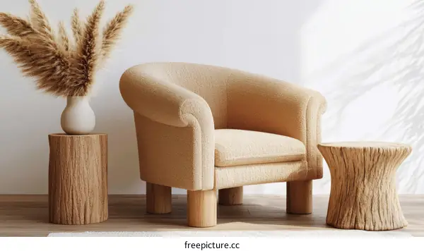 Beige Upholstered Armchair with Wooden Side Table