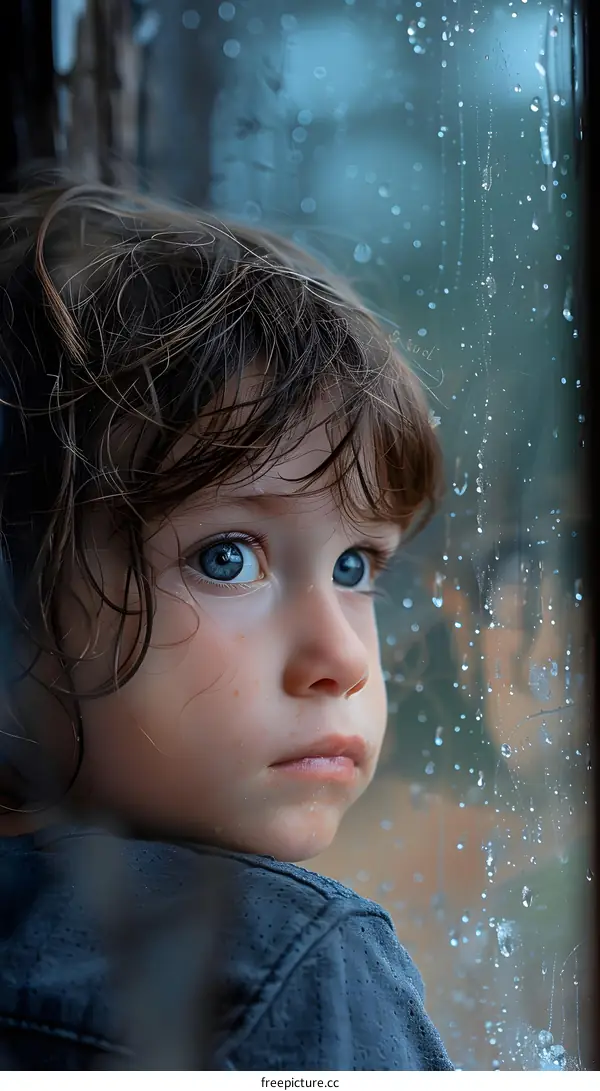 Little boy looking out the window on a rainy day