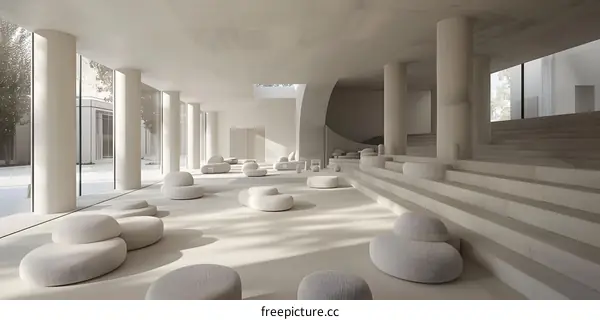 Modern Architectural Interior Design with White Stone and Round Pillows