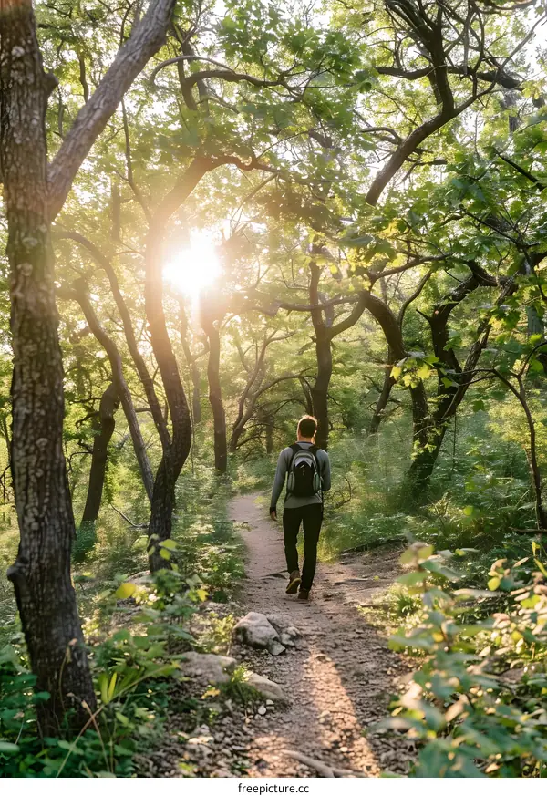 Man Hiking Through Forest Trail On Sunny Day