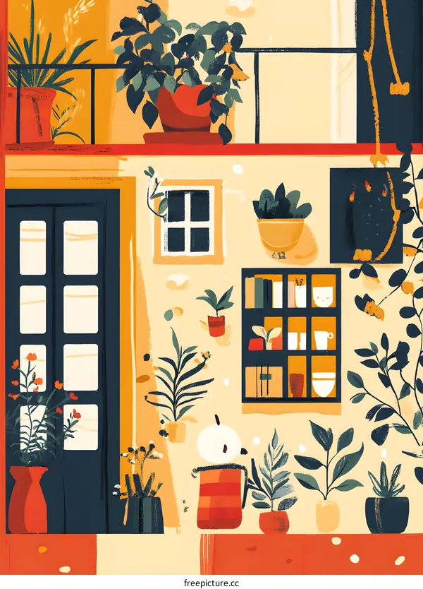 Colorful Illustration of a House Exterior with Plants and Windows