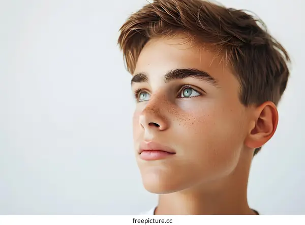 Portrait of a handsome teenage boy with freckles on his face