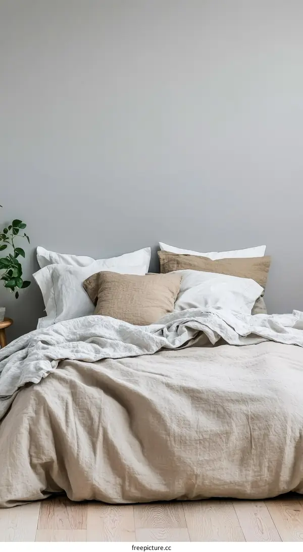 Simple Beige Linen Bedding Set on a Grey Wall