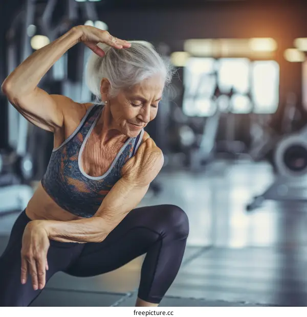 Senior woman doing yoga in a gym