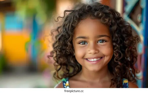 Portrait of a smiling young girl with curly brown hair