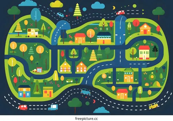 Cartoon Illustration of a Town with Houses, Trees and Cars