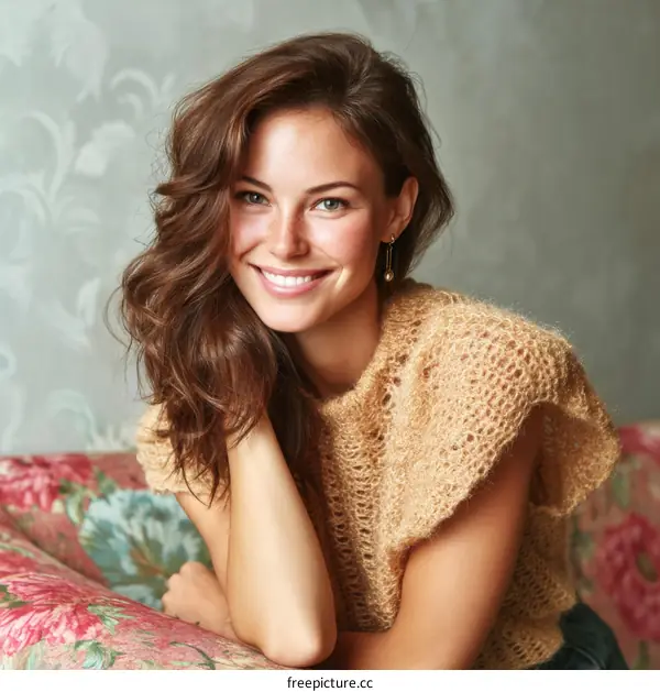 Smiling Woman in Beige Knitted Top