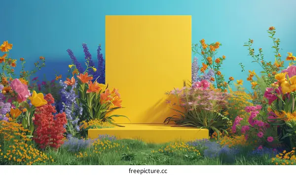 3D rendering of a podium with a yellow backdrop surrounded by a variety of flowers