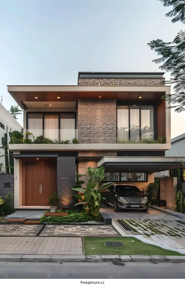 Modern Two Story House with a Stone Exterior