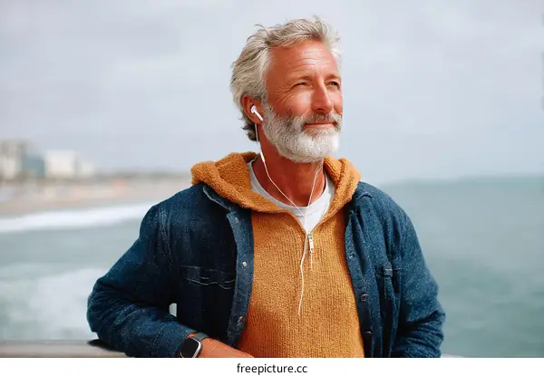 Thoughtful Man Listening to Music by the Ocean
