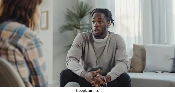 A young African-American man is talking to a therapist.