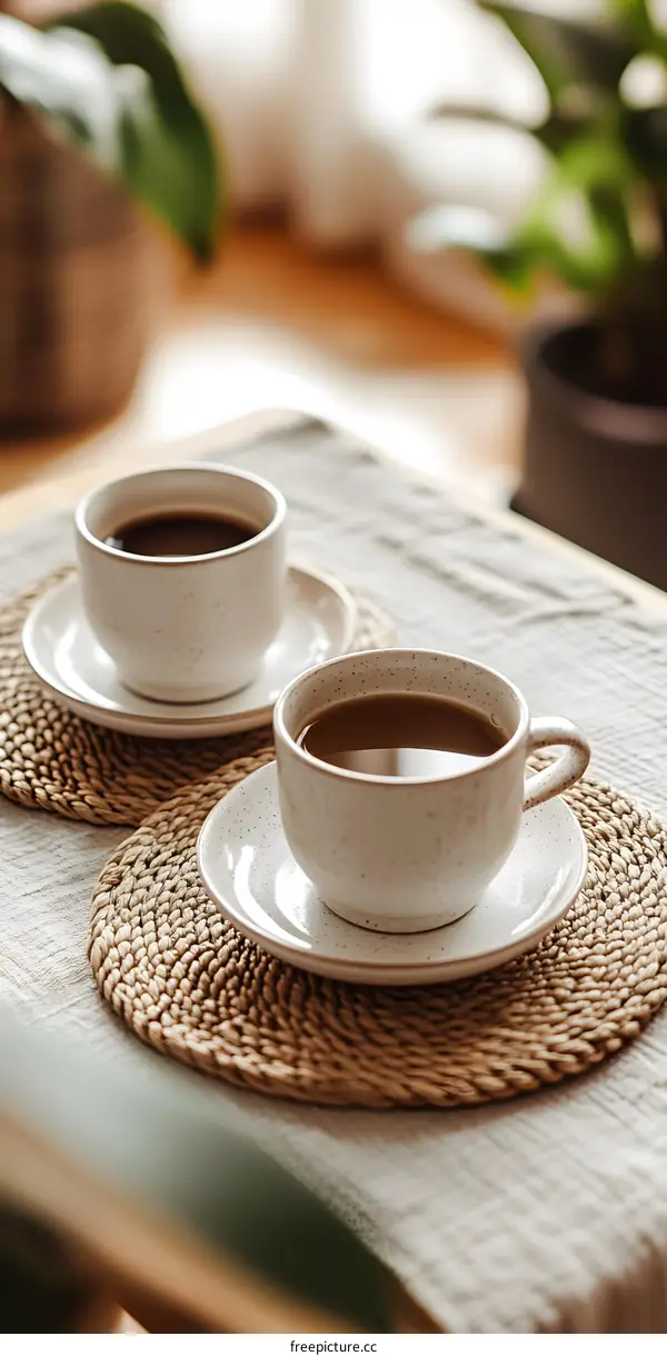 Two Cups of Coffee on a Table with a Woven Placemat