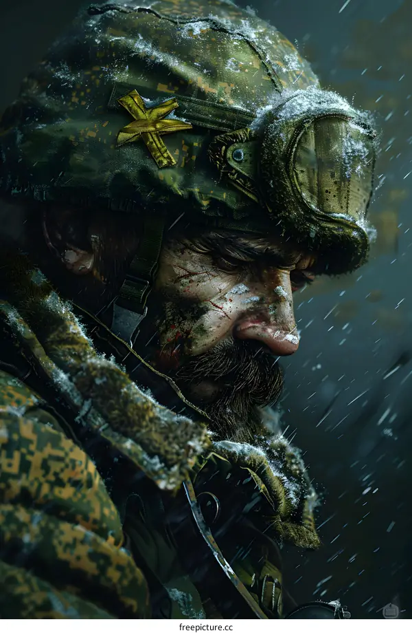Portrait of a soldier in the snow
