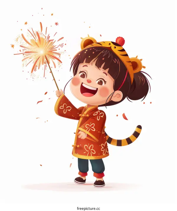 A cute cartoon girl in a tiger costume celebrating Chinese New Year with firecrackers