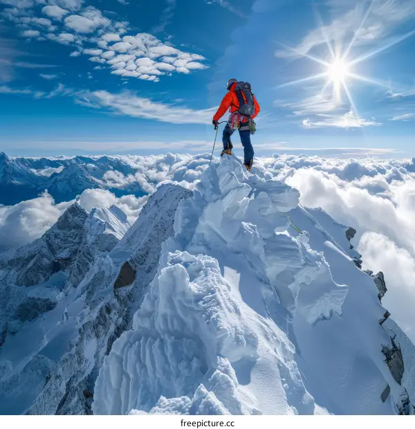 Mountaineer on the summit of a snow-capped mountain
