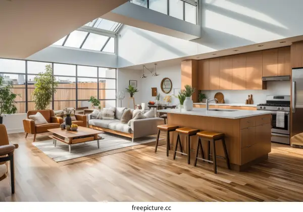 An open-concept living space with a vaulted ceiling