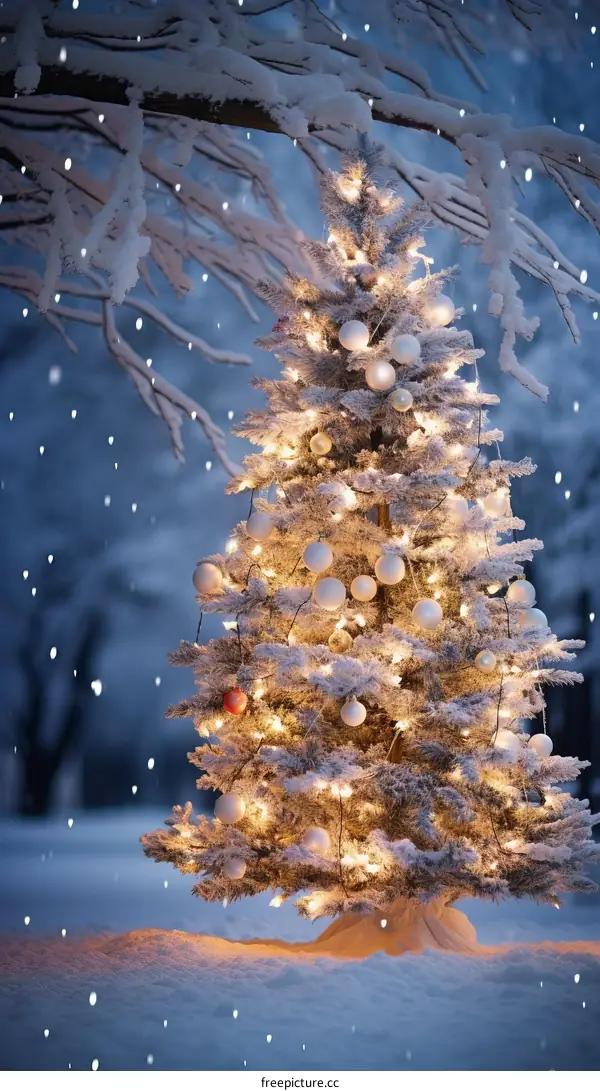 A beautiful snowy Christmas tree stands in the middle of a forest clearing.
