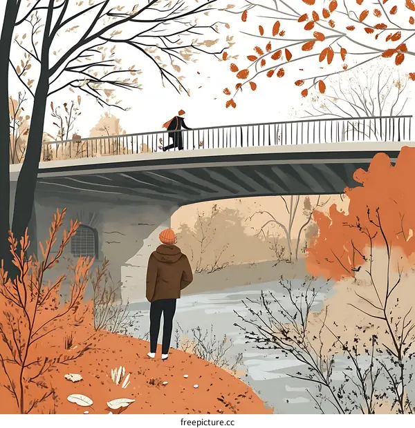 Autumn Bridge Illustration with Two People Walking