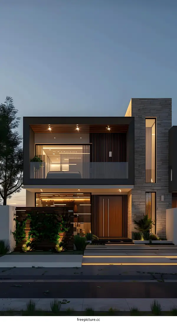 Modern Minimalist House with Stone and Wood Facade