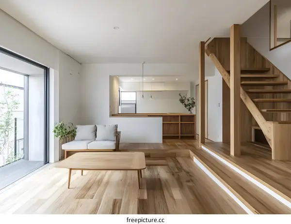 Modern Minimalist Living Room with Wooden Staircase and Open Kitchen