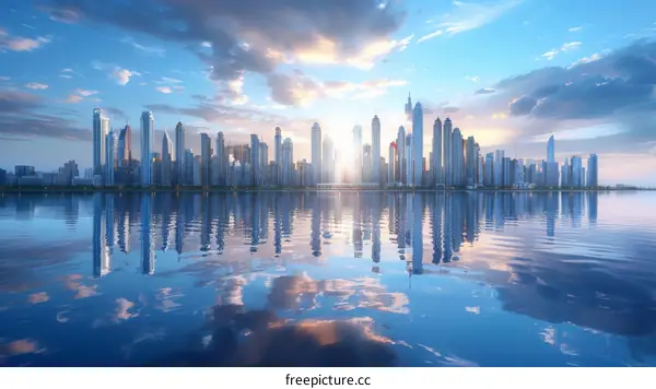 Modern City Skyline Reflection on Water at Sunrise