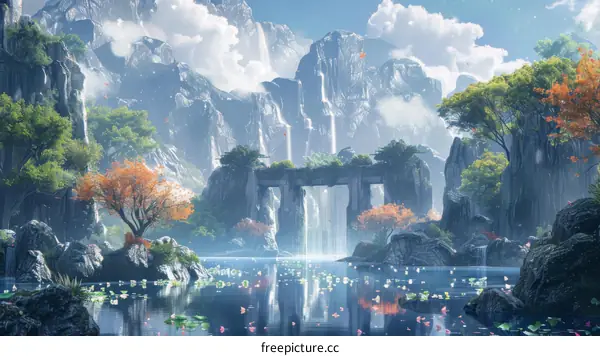 Fantasy landscape with waterfalls and mountains