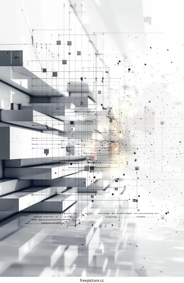 Abstract 3D rendering of a glowing grid structure with illuminated nodes and lines of code