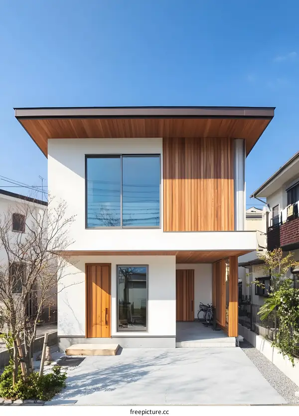 Modern Two Story House With Wooden Siding And White Walls