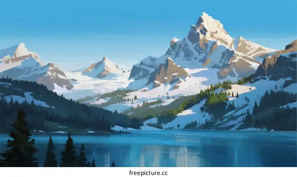 Snow-Covered Peaks Reflecting in a Calm Mountain Lake