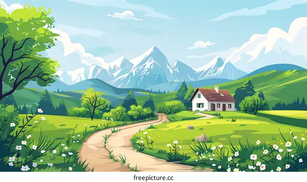 Mountain Landscape With Winding Road and Small House